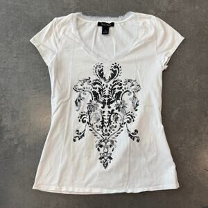Vintage Y2K Mcbling Cross Heart Short Sleece White Black Graphic Tee Small